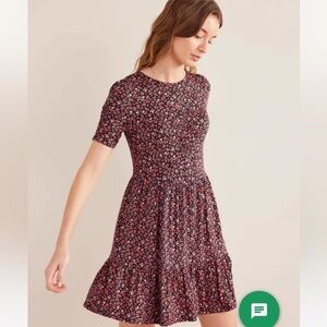 Boden | Ruched Bust Jersey Mini Dress in Pink Sherbet, Petal Foliage